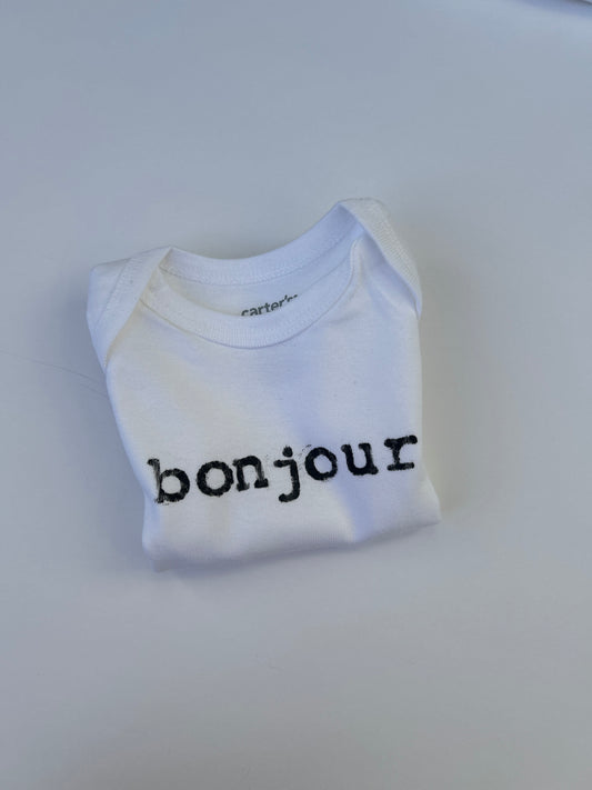 Bonjour Hand-Stamped Baby Bodysuit
